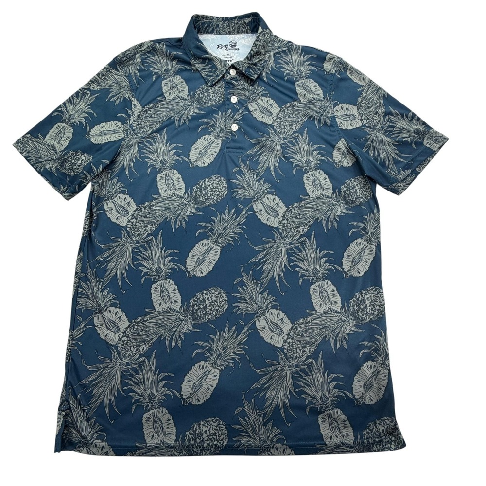 Reyn Spooner Brrr Polo Shirt Mens M Blue Short Sleeve Moisture Wicking Pineapple